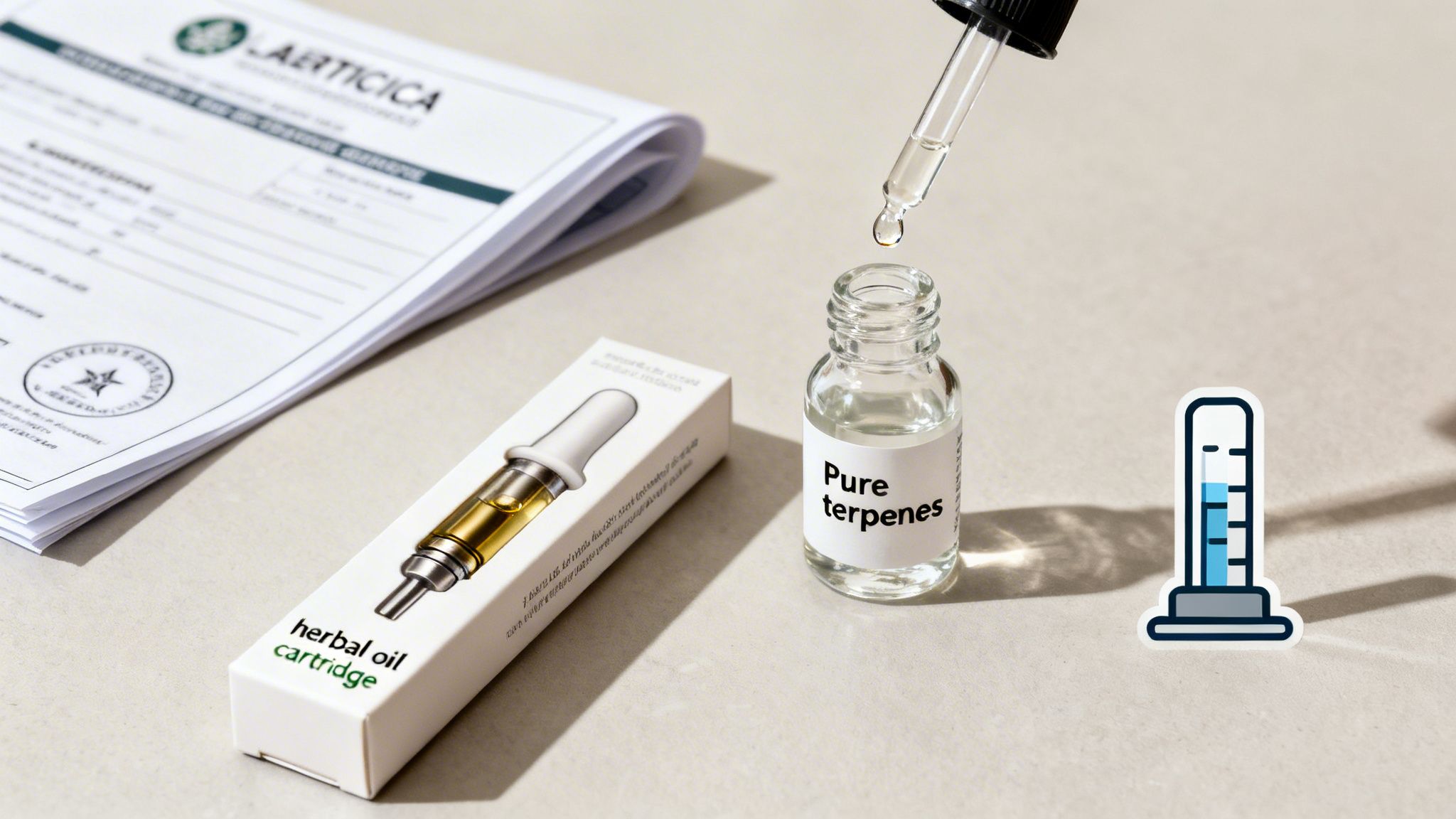 A dropper dispenses liquid into a 'Pure terpenes' bottle, beside a 'herbal oil cartridge' box and documents.
