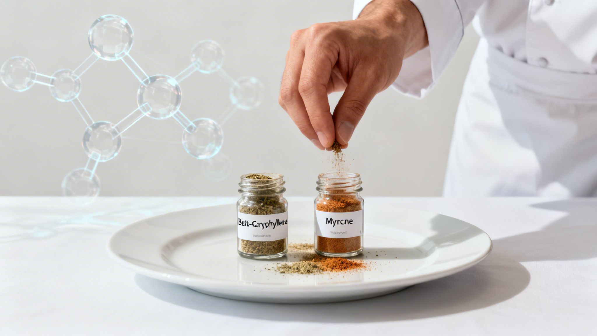 A chef's hand sprinkles beta-caryophyllene and myrcene spices onto a plate, with molecular structures in the background.