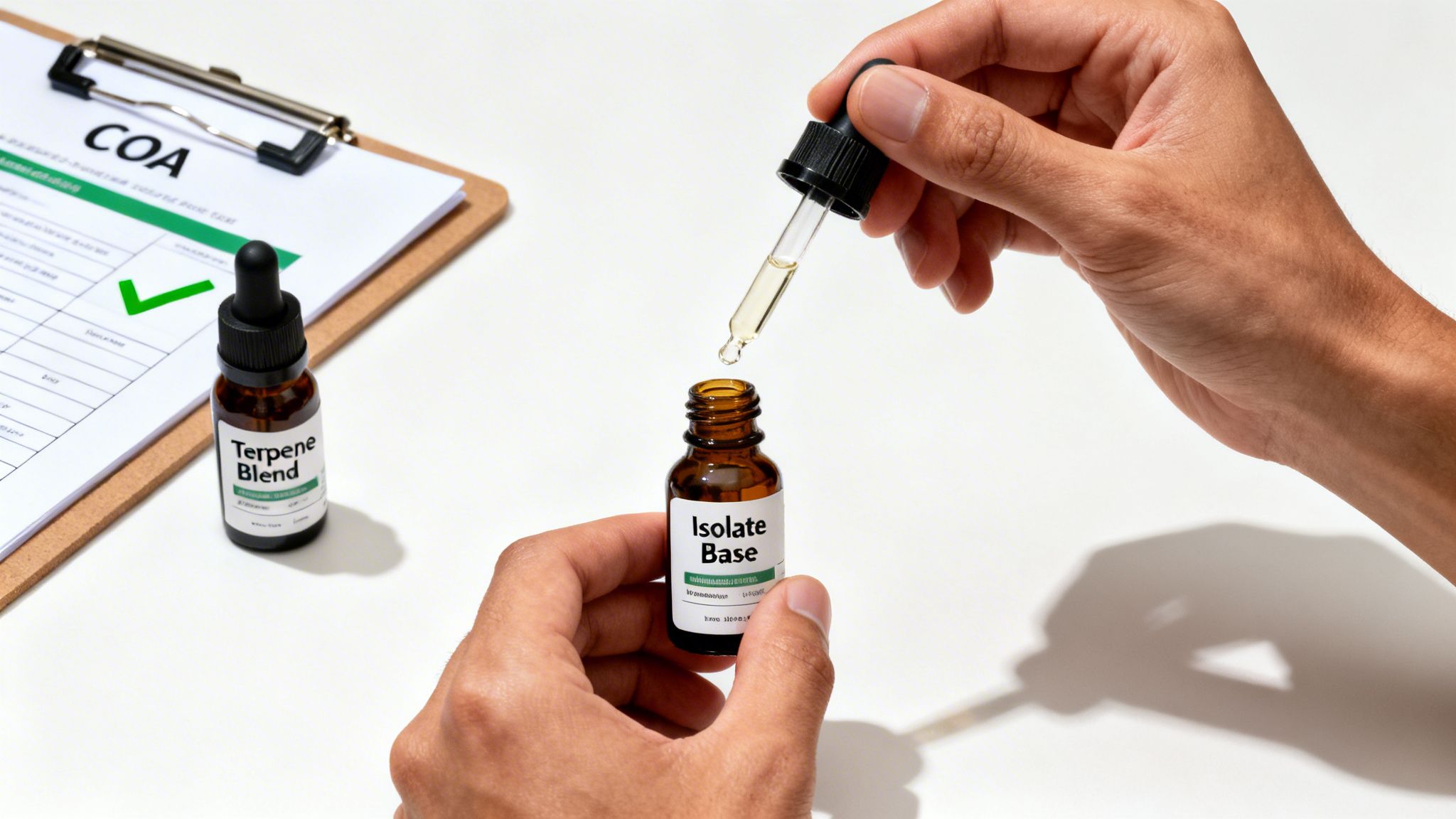 Hands are using a dropper to add liquid from a Terpene Blend bottle into an Isolate Base bottle, with a COA document nearby.
