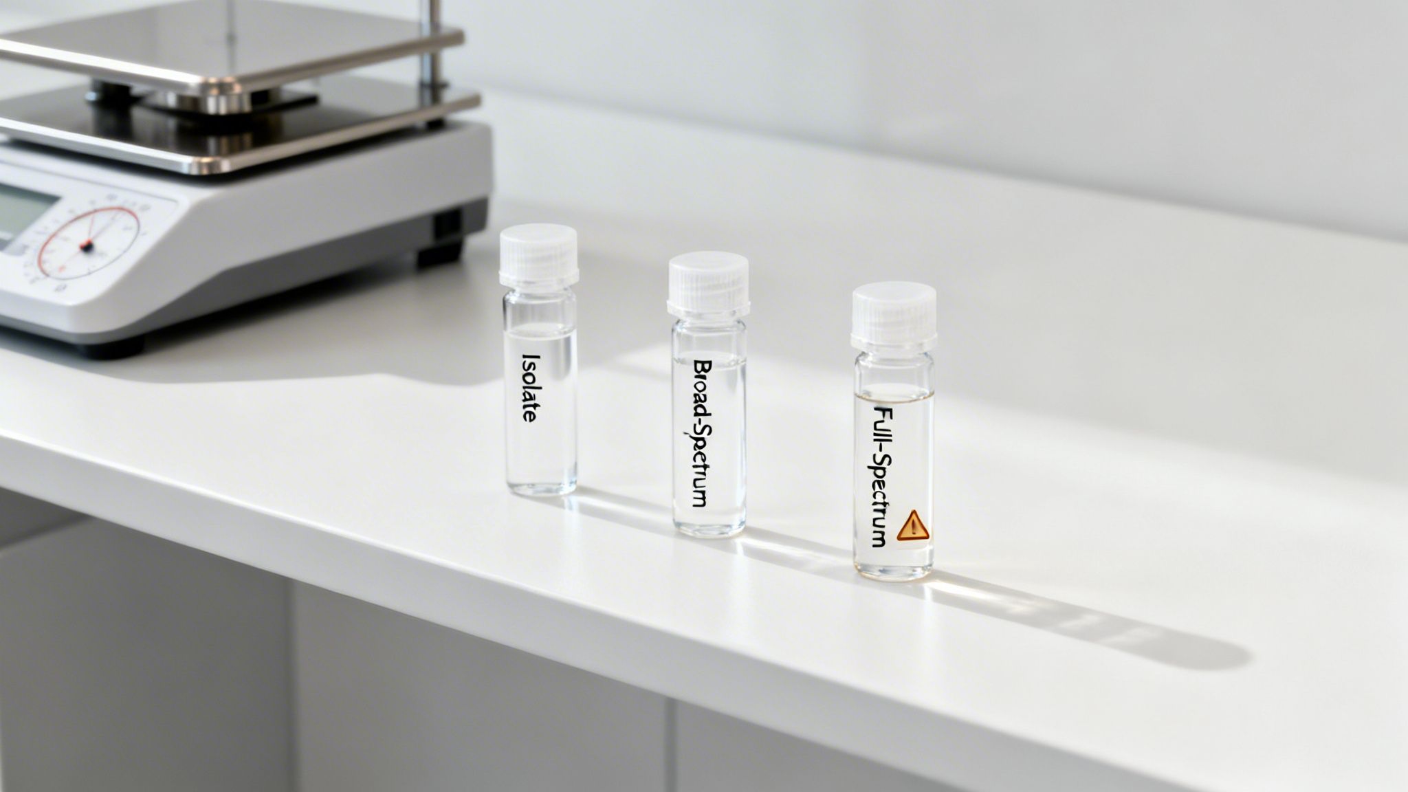 Three labeled vials of Isolate, Broad-Spectrum, and Full-Spectrum CBD products on a lab bench.
