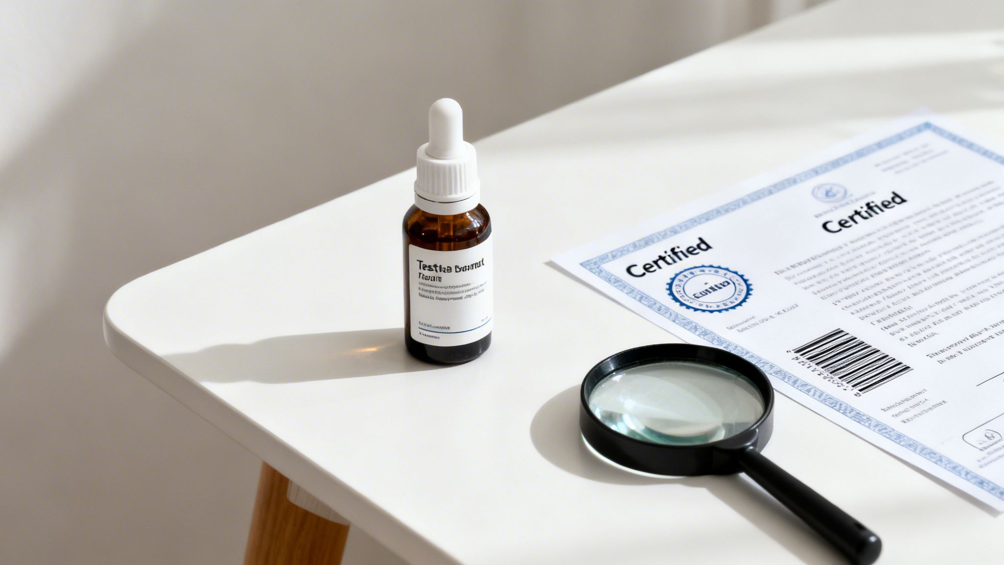 A dropper bottle, certified document, and magnifying glass on a white table, suggesting quality control.