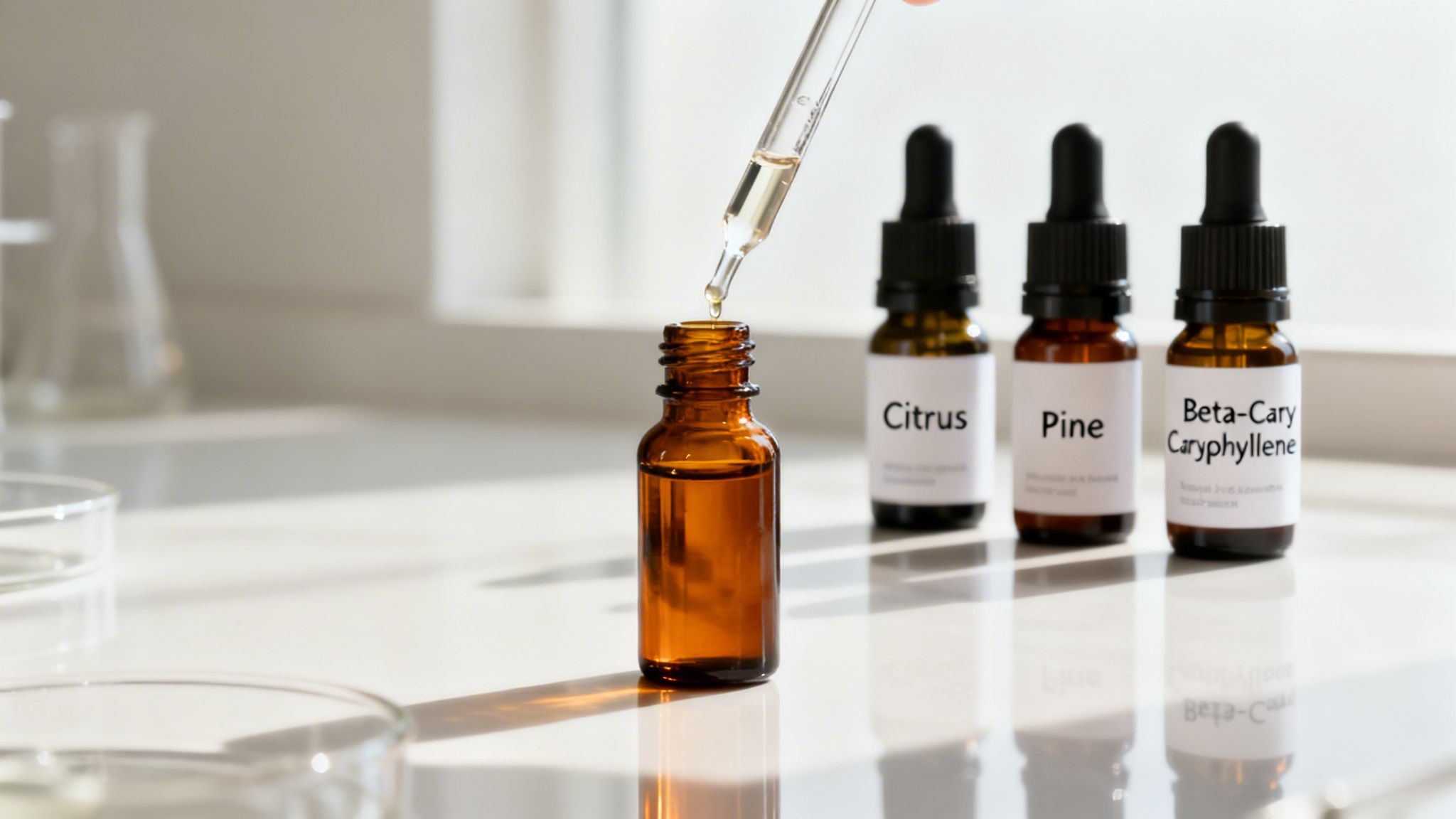 A dropper dispensing essential oil into an amber bottle with other terpene bottles labeled Citrus, Pine, and Beta-Caryophyllene on a white lab counter.