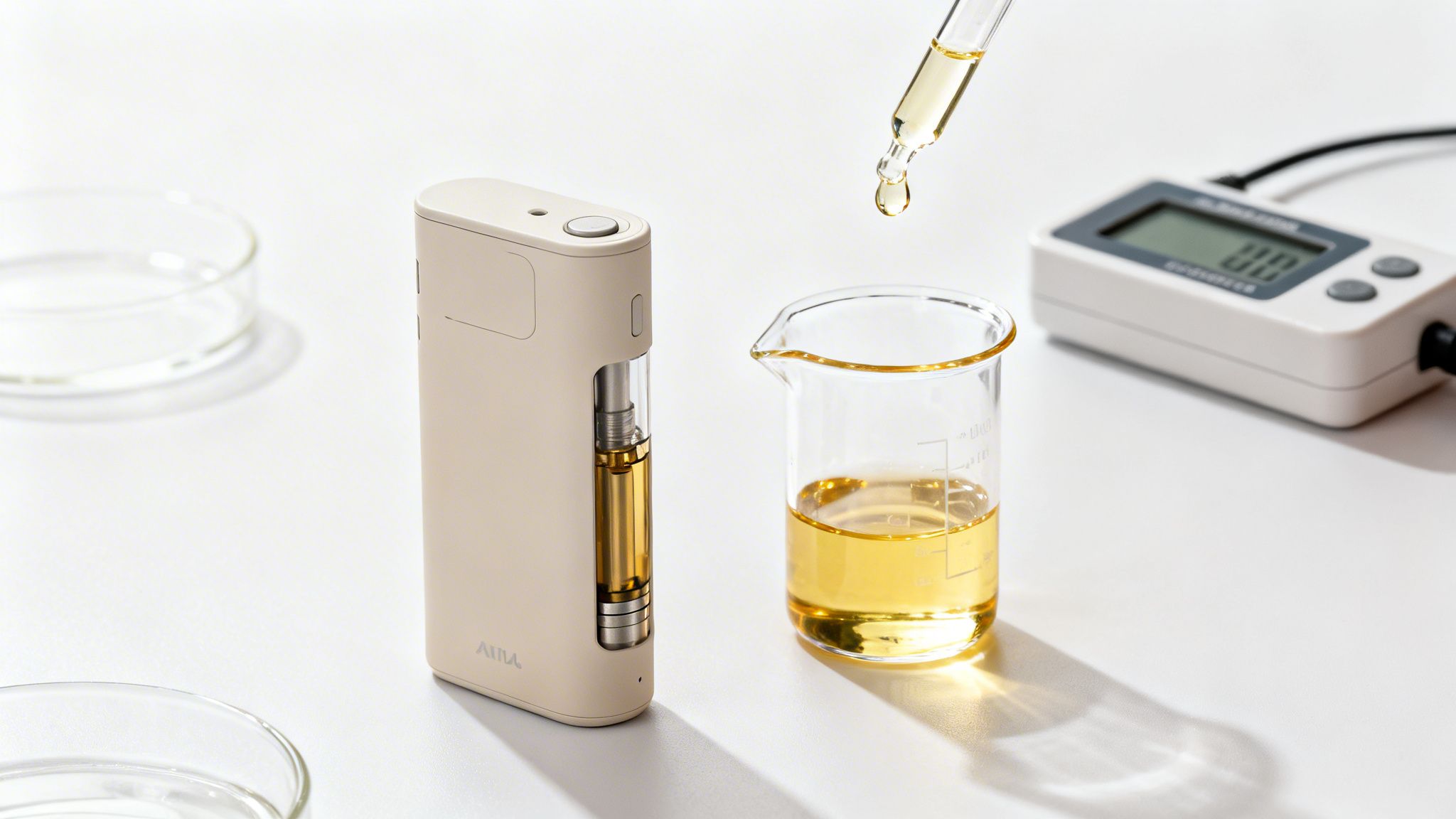 Lab setting with a vape pen, beaker of yellow liquid, a dropper, and a digital meter.