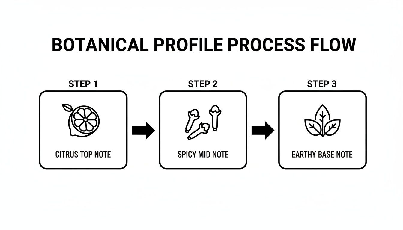Botanical profile process flow illustrating three distinct steps: citrus top, spicy mid, and earthy base notes.