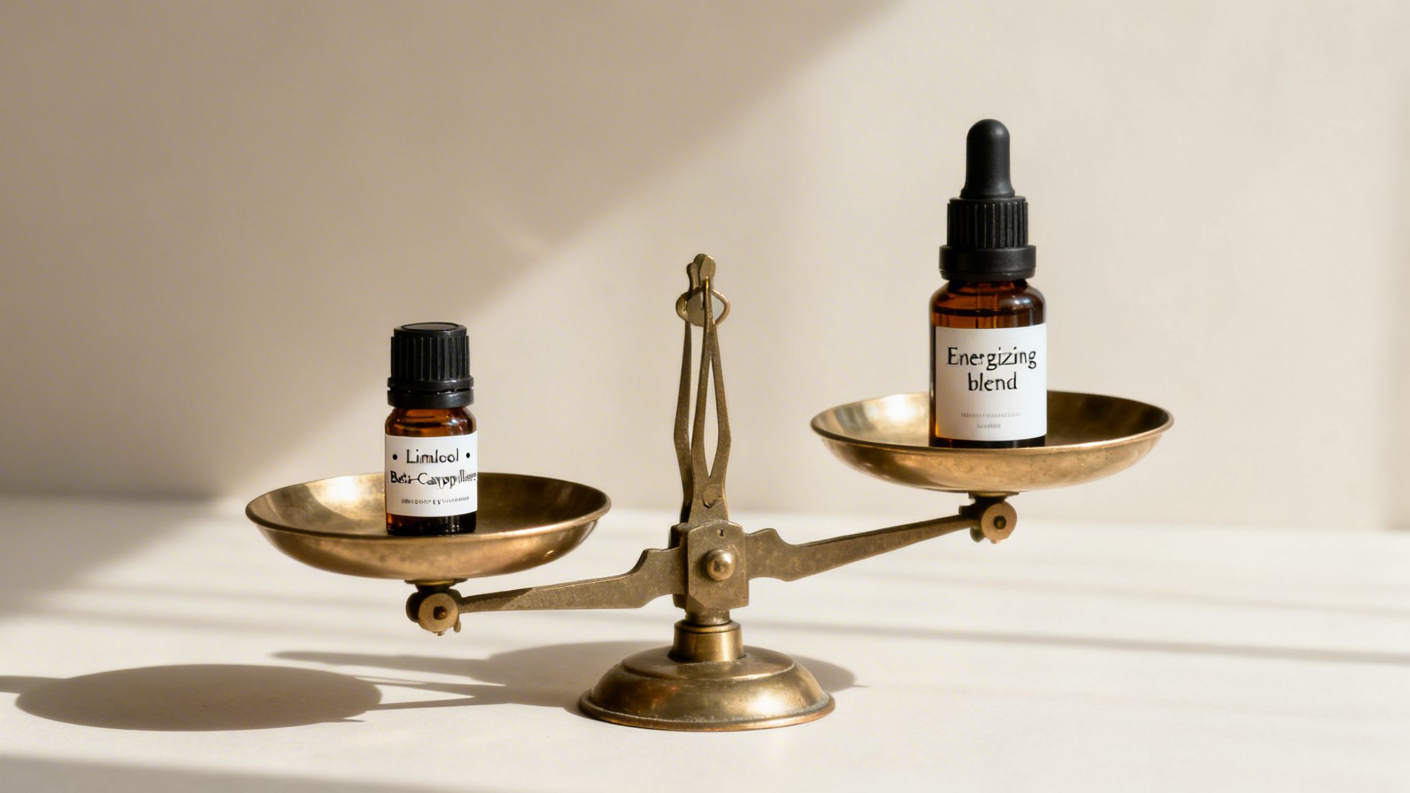 Two essential oil bottles, one labeled 'Limilool' and the other 'Energizing blend', balanced on an antique brass scale.