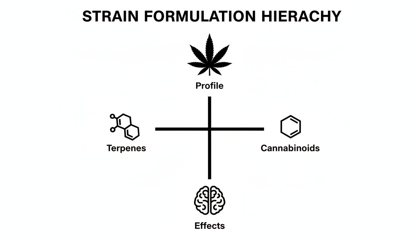 Diagram illustrating cannabis strain formulation hierarchy, connecting profile, terpenes, cannabinoids, and effects.