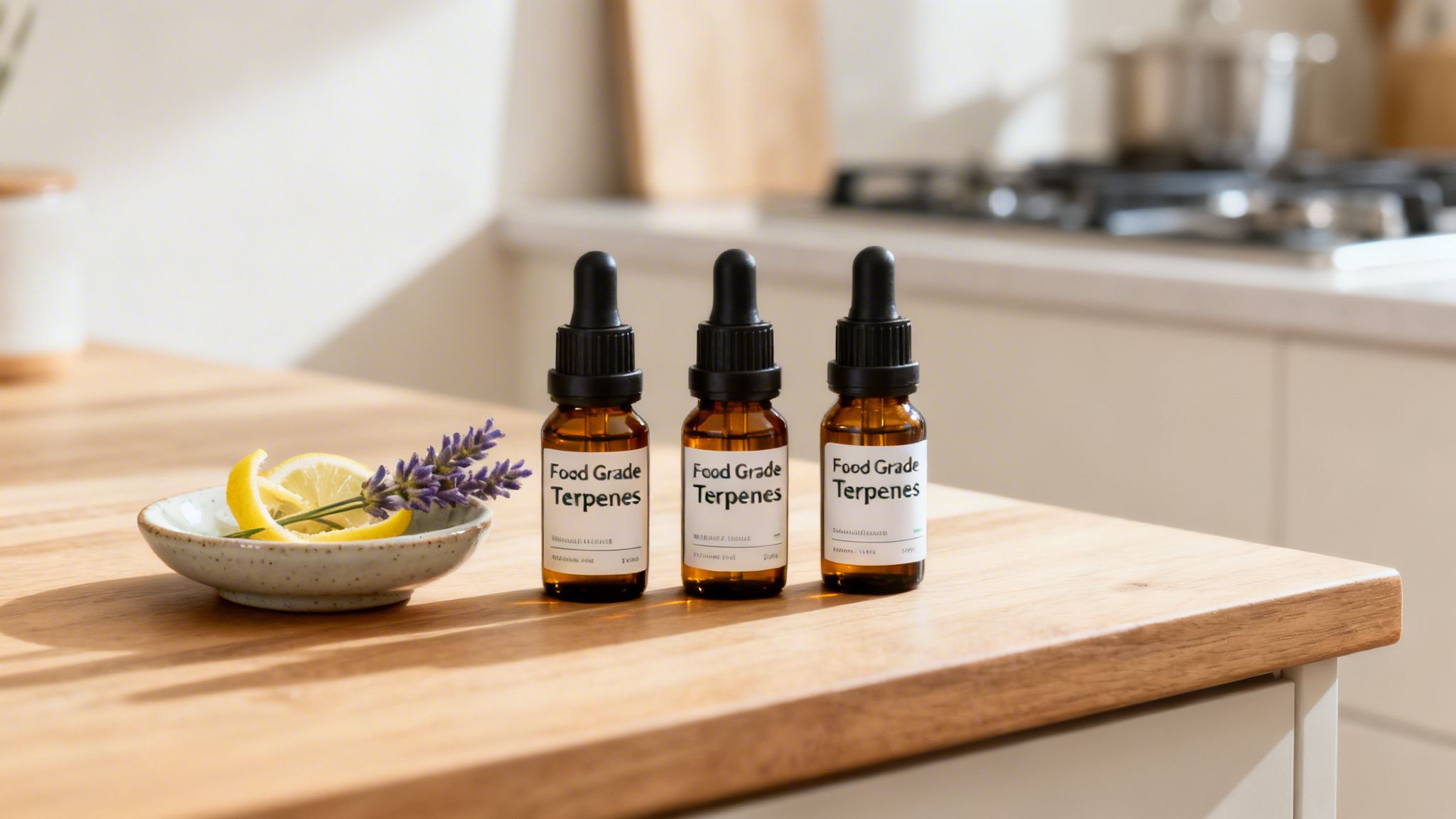 Three amber dropper bottles of food grade terpenes with lemon slices and lavender on a wooden kitchen counter.