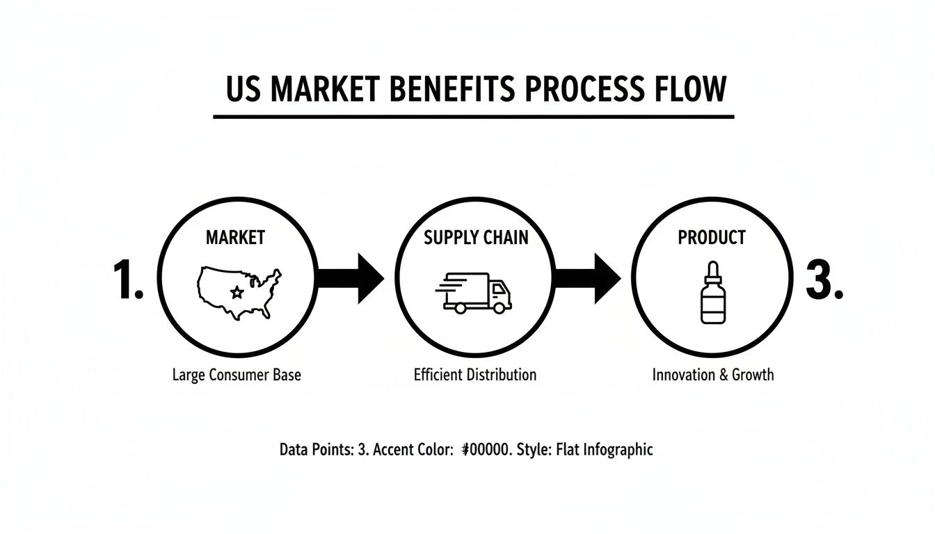Infographic outlining three steps of US market benefits: market, supply chain, and product.