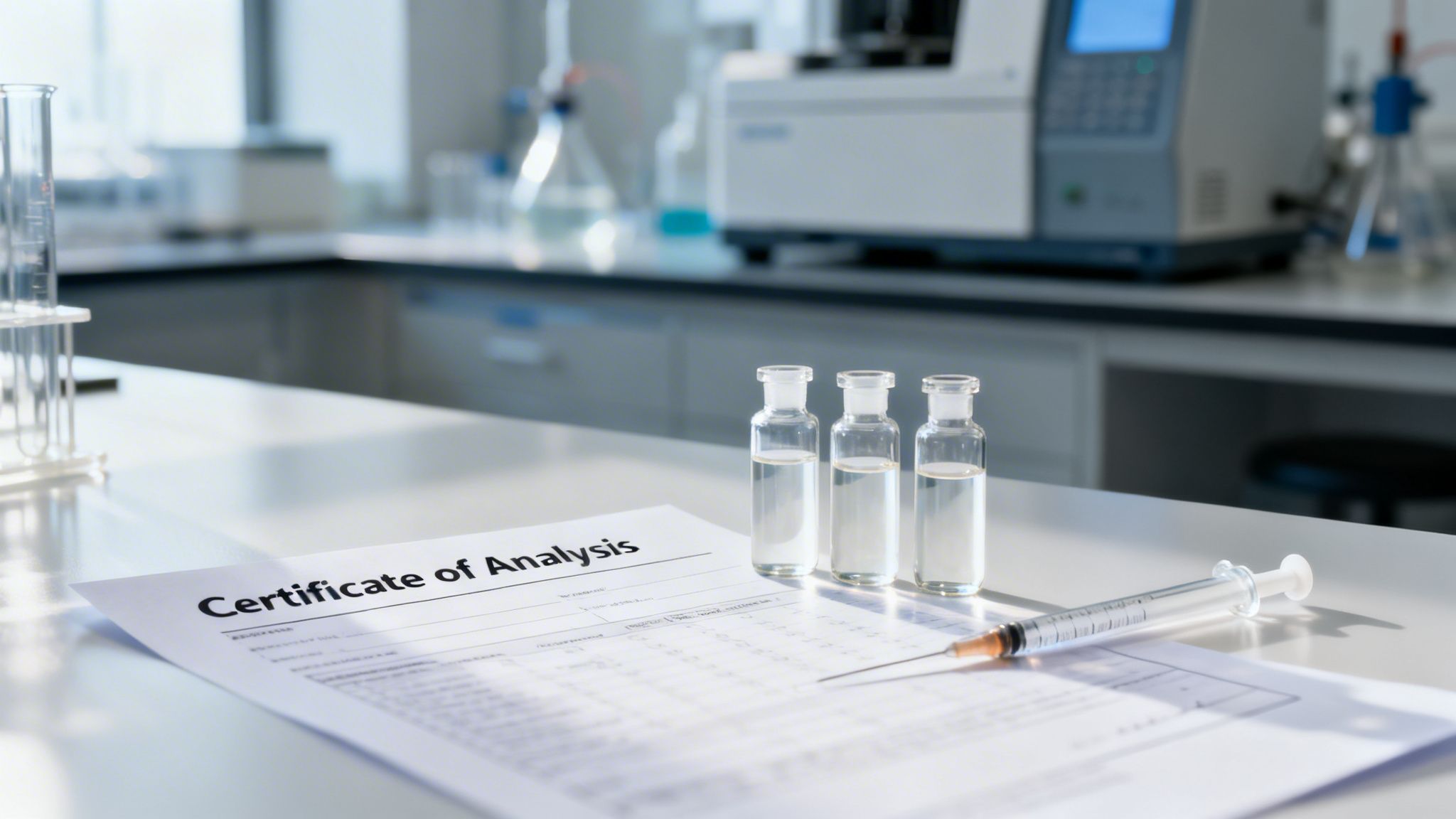 A Certificate of Analysis document, three vials of liquid, and a syringe on a laboratory counter, indicating product testing.