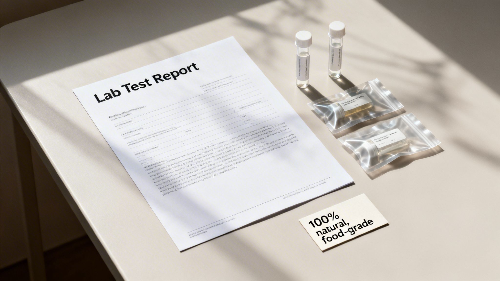 A scientific flat lay showing a lab test report, two vials, packaged supplements, and a '100% natural, food-grade' card.