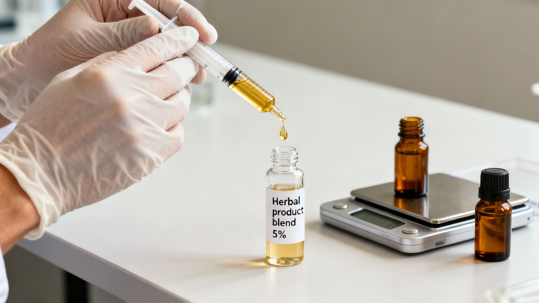 Gloved hands dispense herbal product blend from a syringe into a small bottle, preparing a 5% concentration.