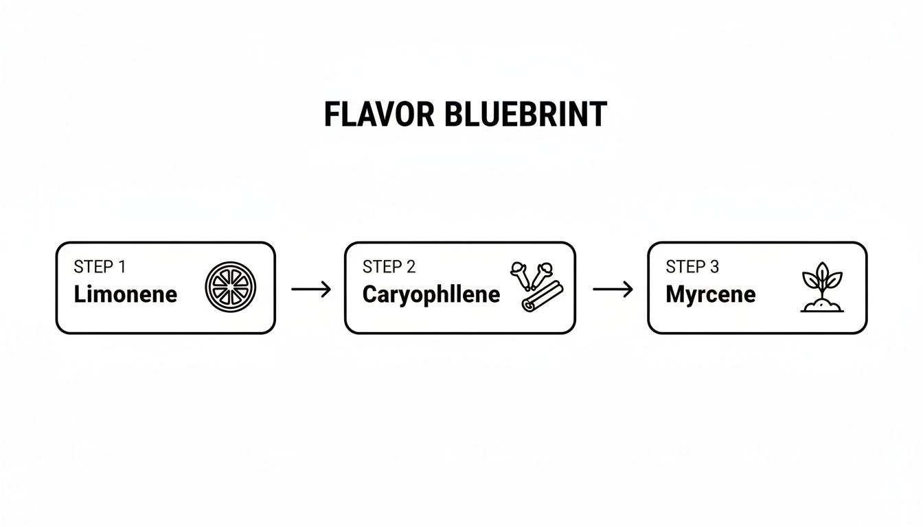 A flavor blueprint diagram showing three steps: Limonene (lemon), Caryophyllene (clove, cinnamon), and Myrcene (plant).