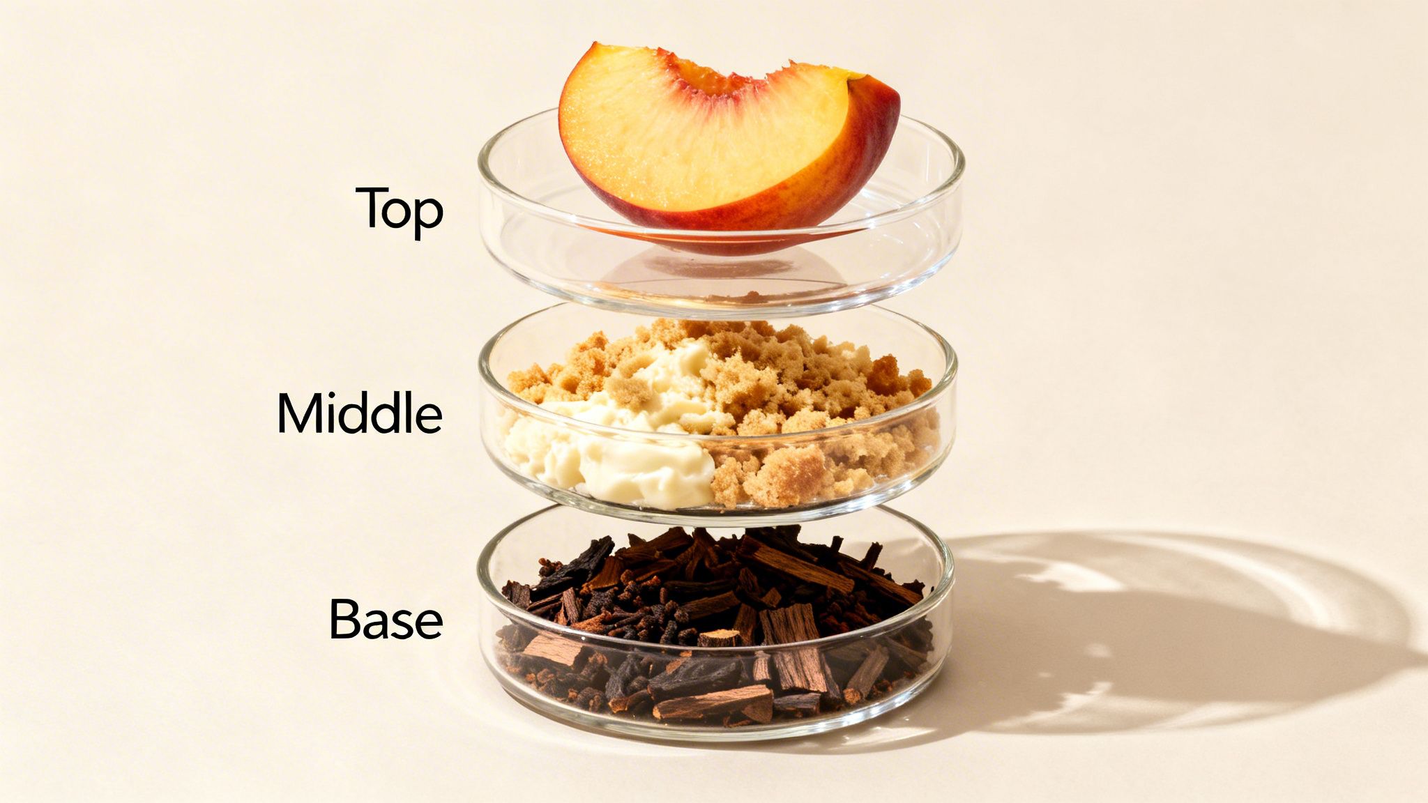 Three stacked glass dishes labeled Top, Middle, Base, containing a peach slice, crumble, and wood.