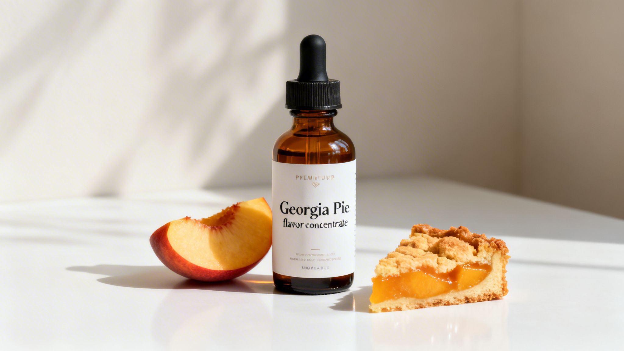 A dropper bottle of Georgia Pie flavor concentrate, a peach pie slice, and a fresh peach wedge.
