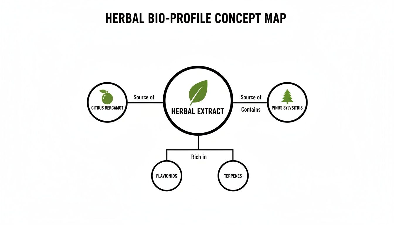 A concept map illustrating the bio-profile of herbal extract, detailing its sources and key components.