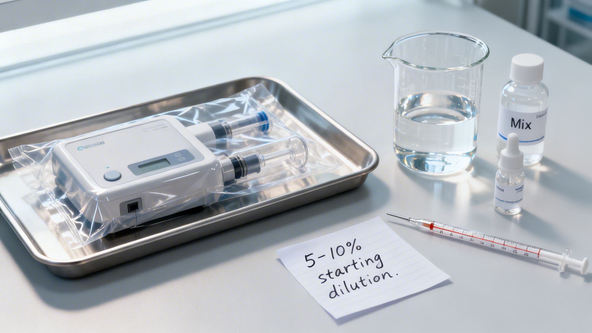 A laboratory scene featuring a precision device in a sterile bag, syringes, beaker, solution bottles, and a note about dilution.