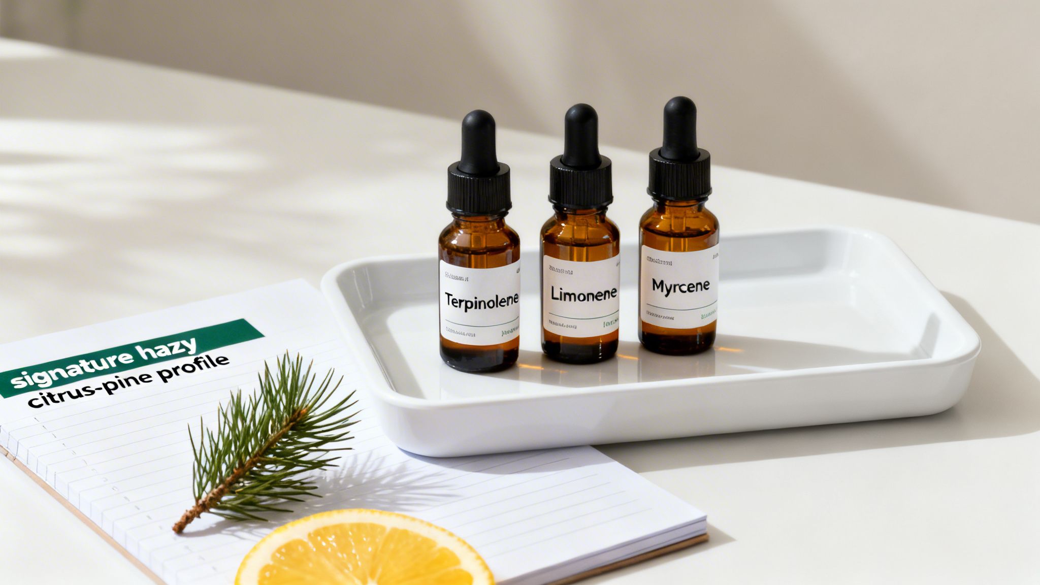 Amber bottles of Terpinolene, Limonene, Myrcene, with a notebook displaying a citrus-pine profile and natural elements.