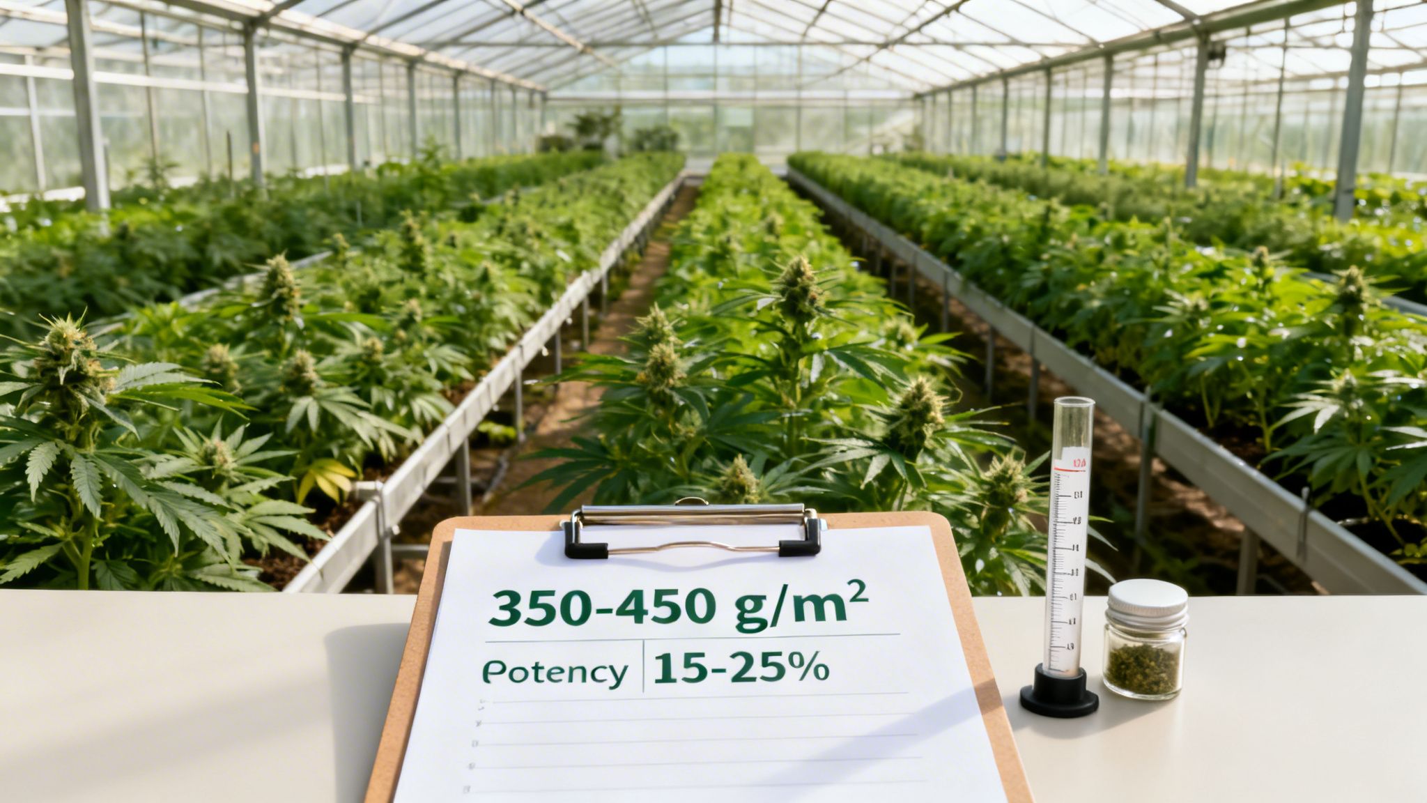 Cannabis plants thriving in a large greenhouse with yield and potency details on a clipboard.