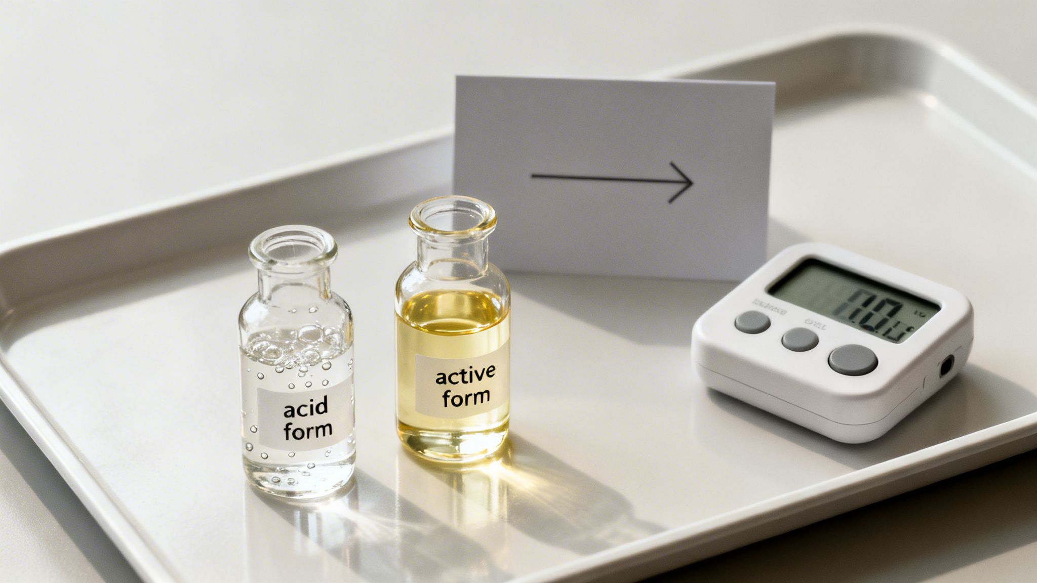 Two vials, one labeled 'acid form' with clear liquid, another 'active form' with yellow liquid, beside a digital timer and an arrow.