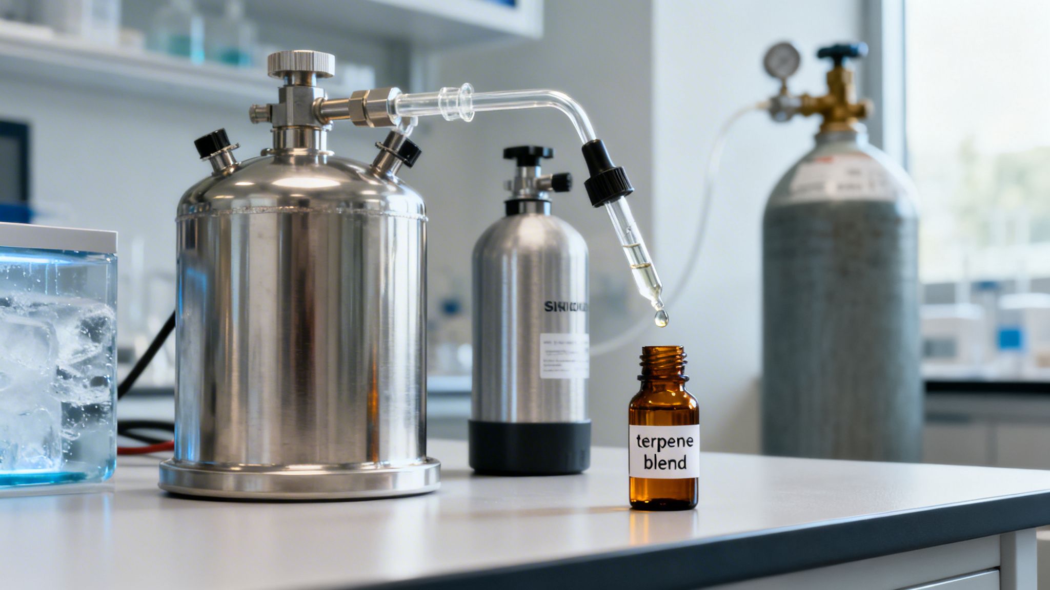 Laboratory setup with a clear liquid being dispensed from apparatus into a 'terpene blend' bottle.