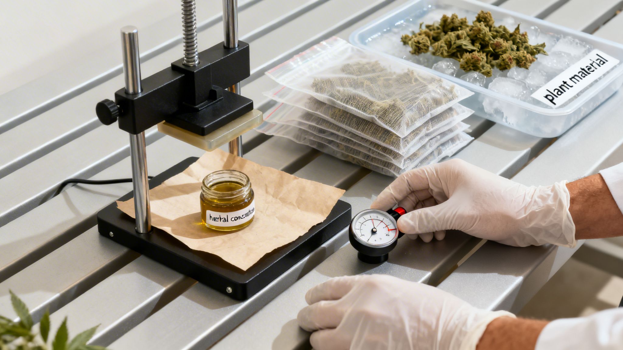 A person in gloves uses a press to make herbal concentrate from plant material.