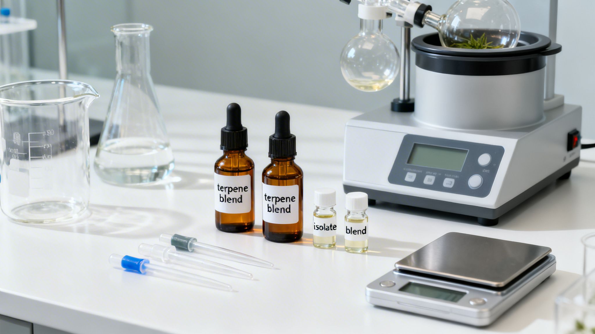 Lab setup for cannabis concentrates, showing terpene blends, isolates, beakers, and extraction equipment.