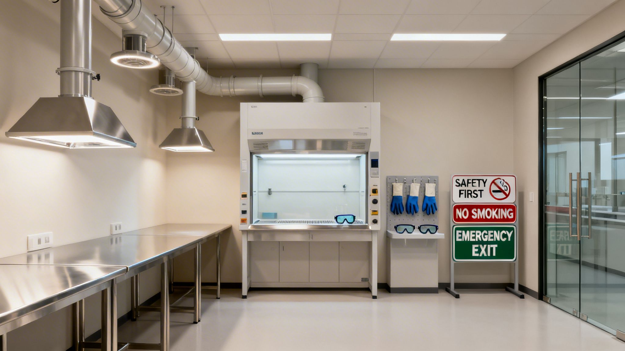 A clean, modern laboratory interior with stainless steel tables, a fume hood, and safety signs.