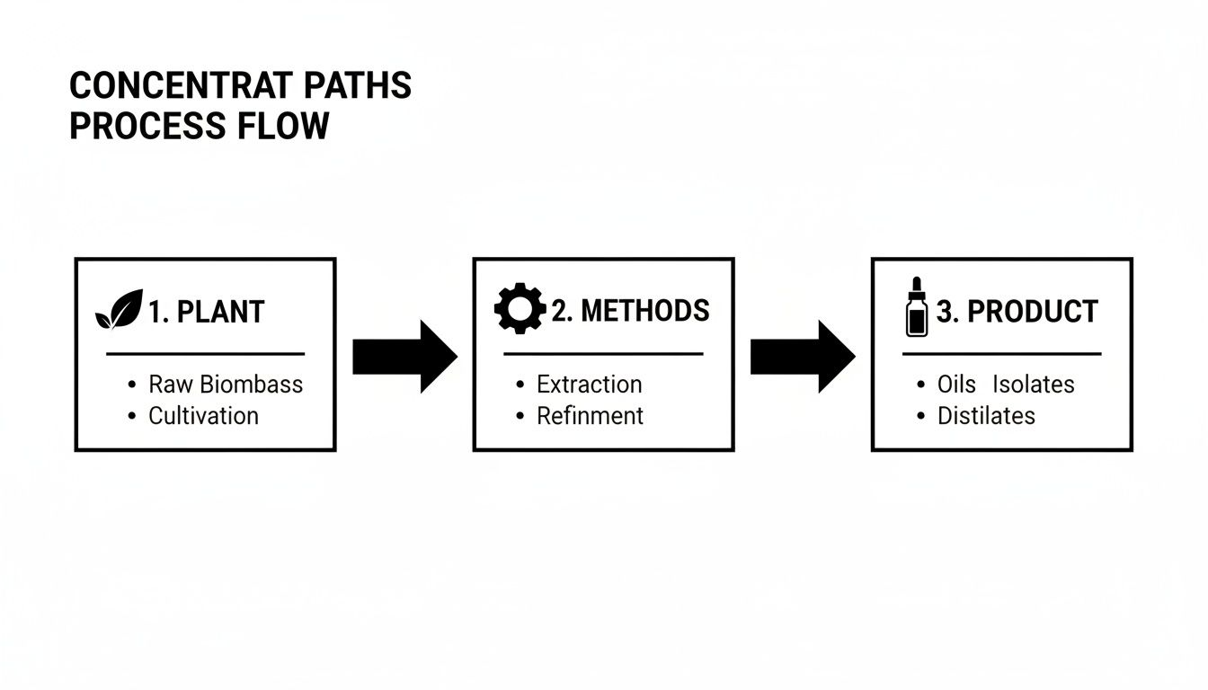 A process flow diagram illustrating the steps from plant cultivation to concentrate products.