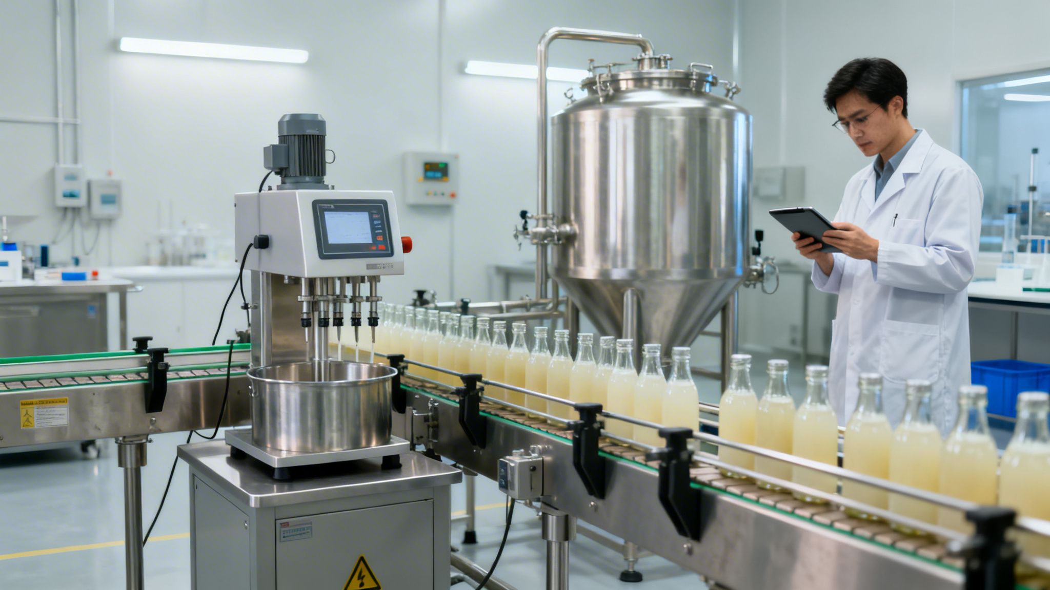 A scientist in a lab coat supervises a beverage filling machine and conveyor belt with bottles.