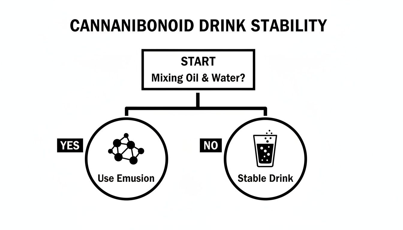 A flowchart detailing cannabinoid drink stability, showing when to use emulsion for oil and water mixtures.