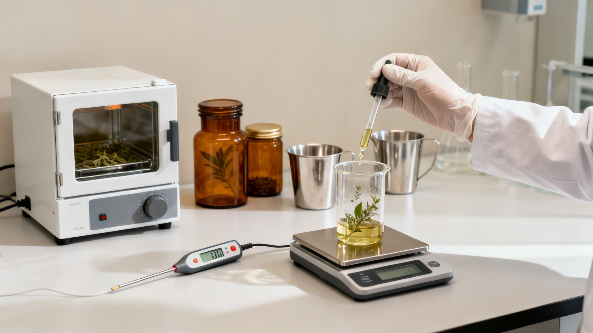A scientist drops plant extract into a beaker on a digital scale in a lab.