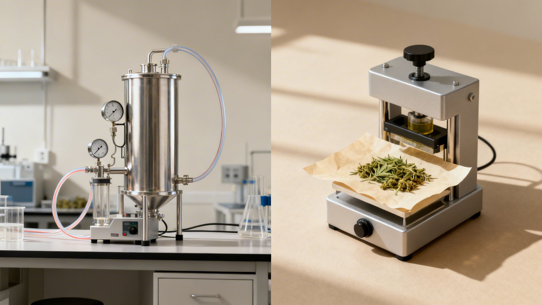 A split image showing a cannabis oil extraction machine in a lab and a smaller press for plant material.