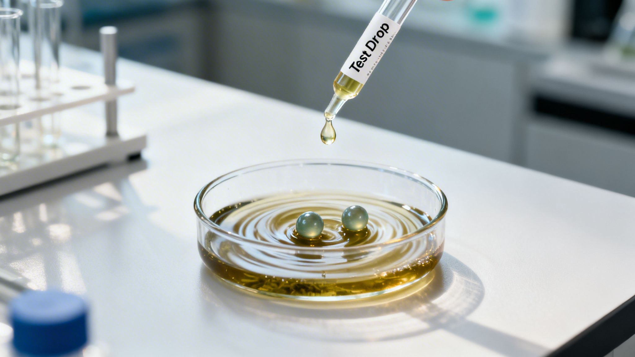 A dropper labeled 'Test Drop' drips liquid into a petri dish containing two terp pearls.