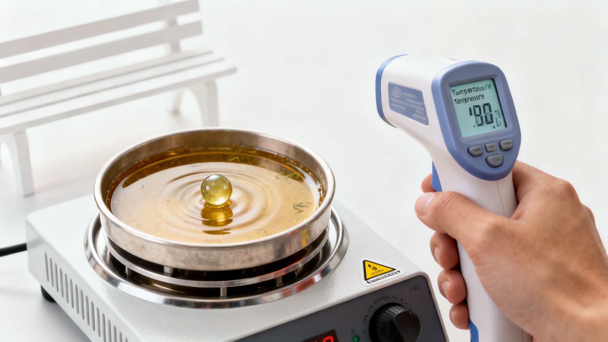A hand holds an infrared thermometer measuring the temperature of liquid with a terp pearl on a hot plate.