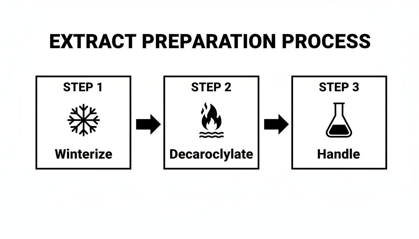 A flowchart detailing the three steps of an extract preparation process: Winterize, Decarboxylate, and Handle.