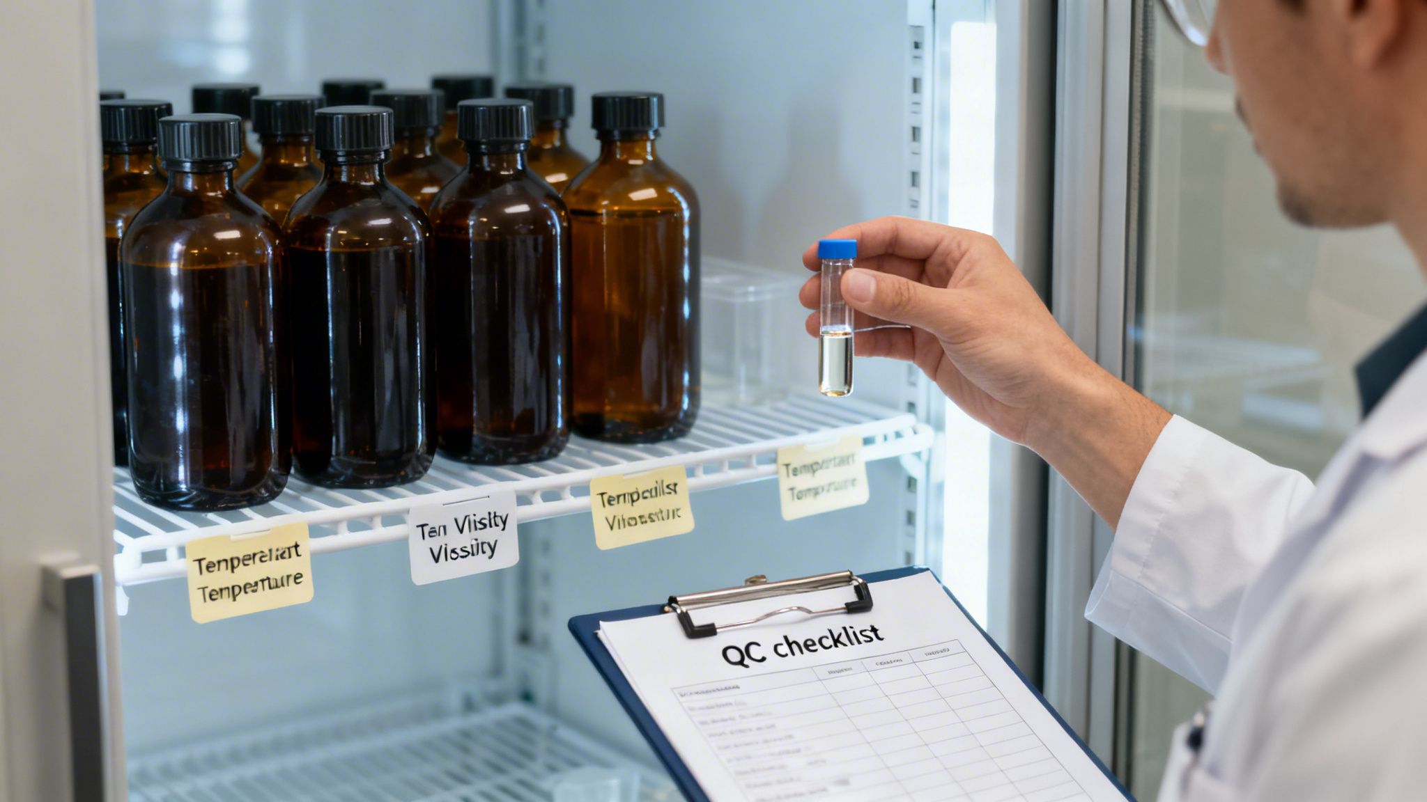 Lab technician performing quality control, examining a sample vial near a refrigerator with bottles.