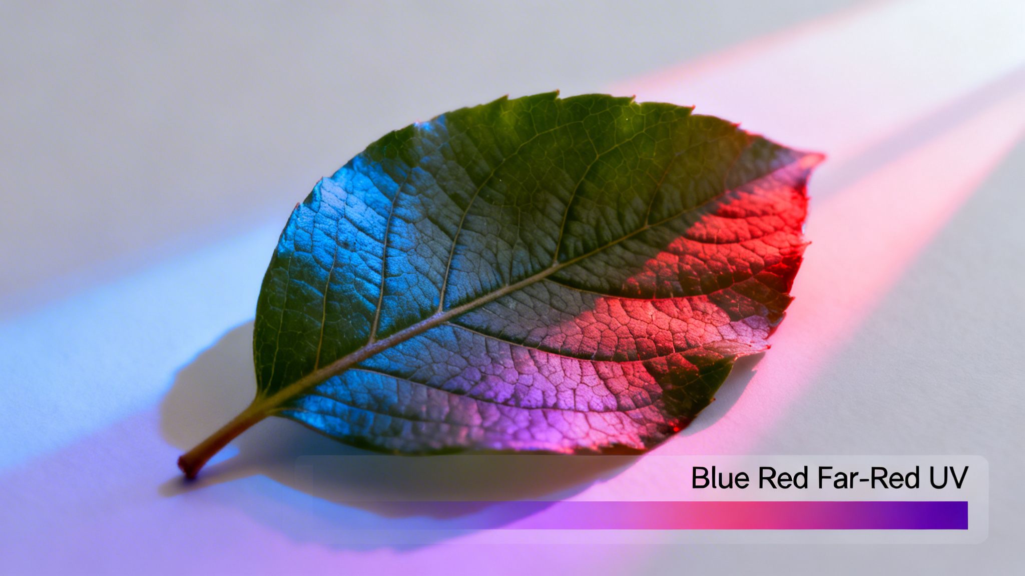A green leaf illuminated by vibrant blue and red lights, with a spectrum showing 'Blue Red Far-Red UV'.