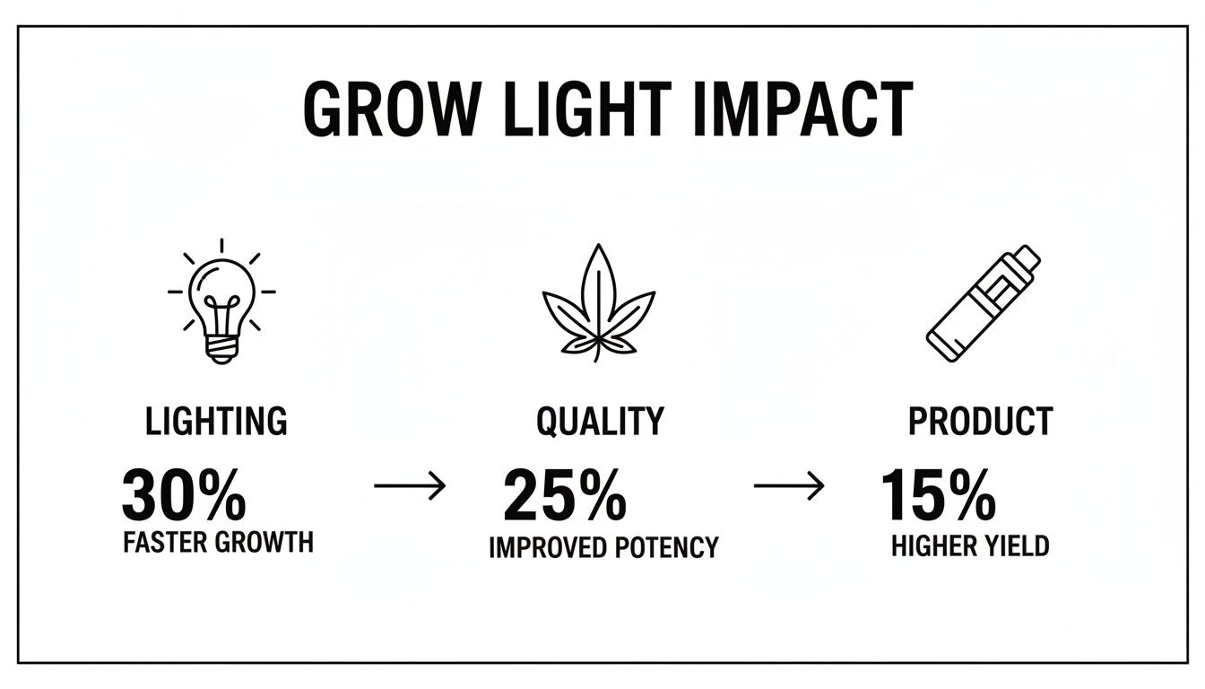 Infographic detailing grow light impact: 30% faster growth, 25% improved potency, 15% higher yield.