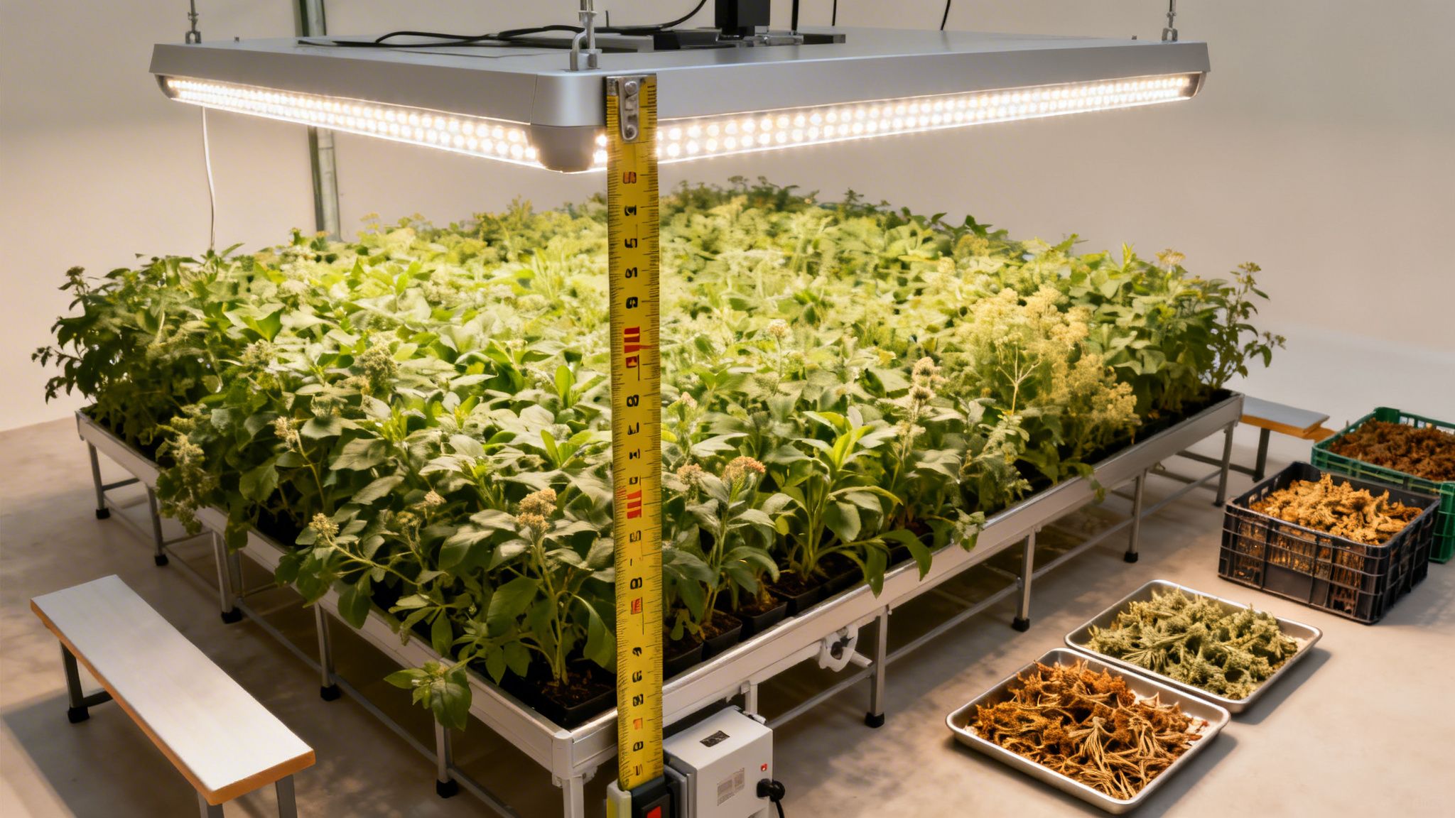 A research facility showing rows of green plants growing under LED lights, with a measuring tape and harvested samples.