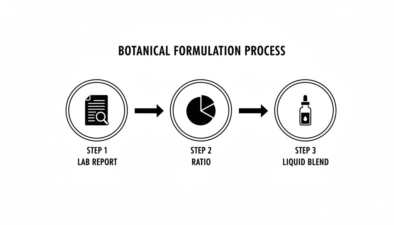 A three-step diagram illustrates the botanical formulation process: lab report, ratio, and liquid blend.