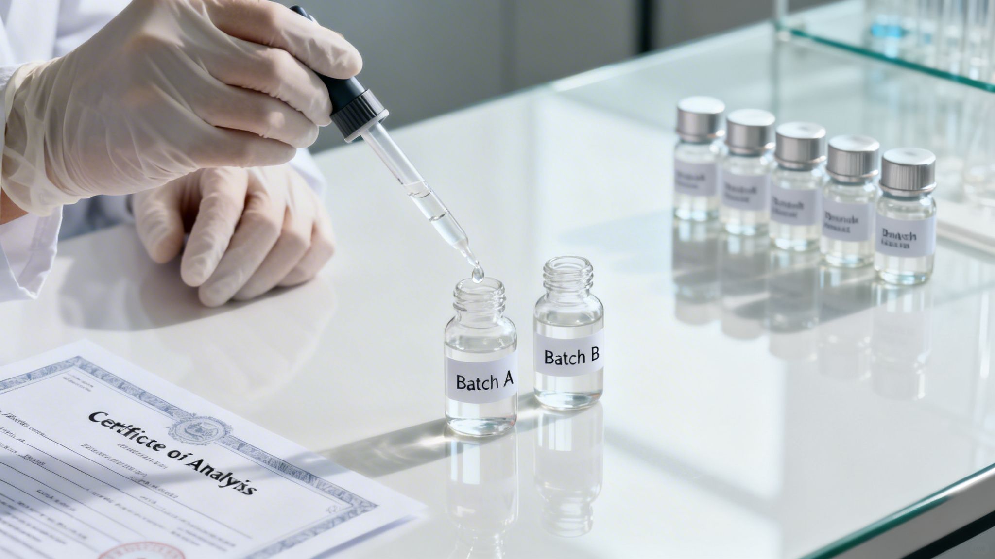 Gloved hand uses a dropper to fill 'Batch A' vial in a lab, with 'Batch B' and a Certificate of Analysis visible.