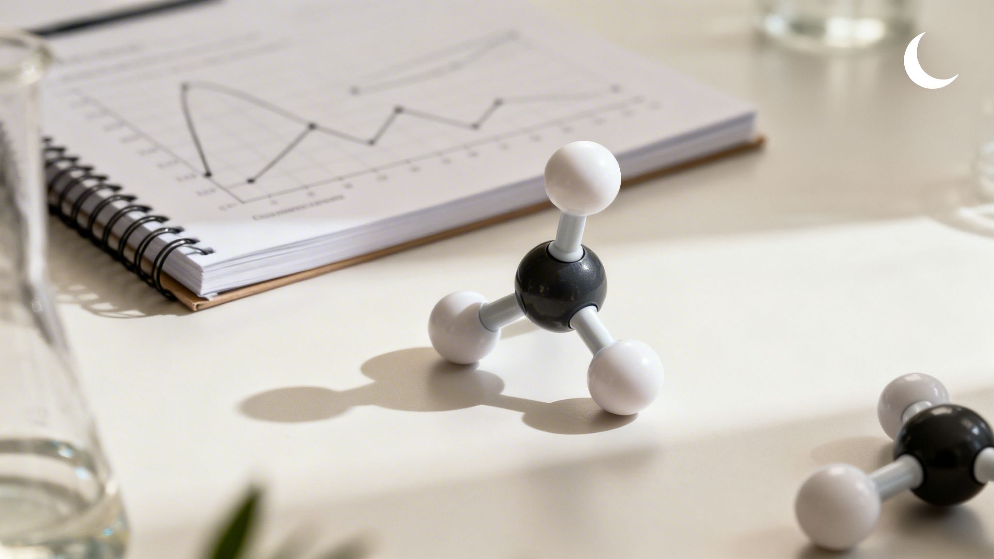 Close-up of a molecular model, notebook with graph, and lab equipment on a desk.