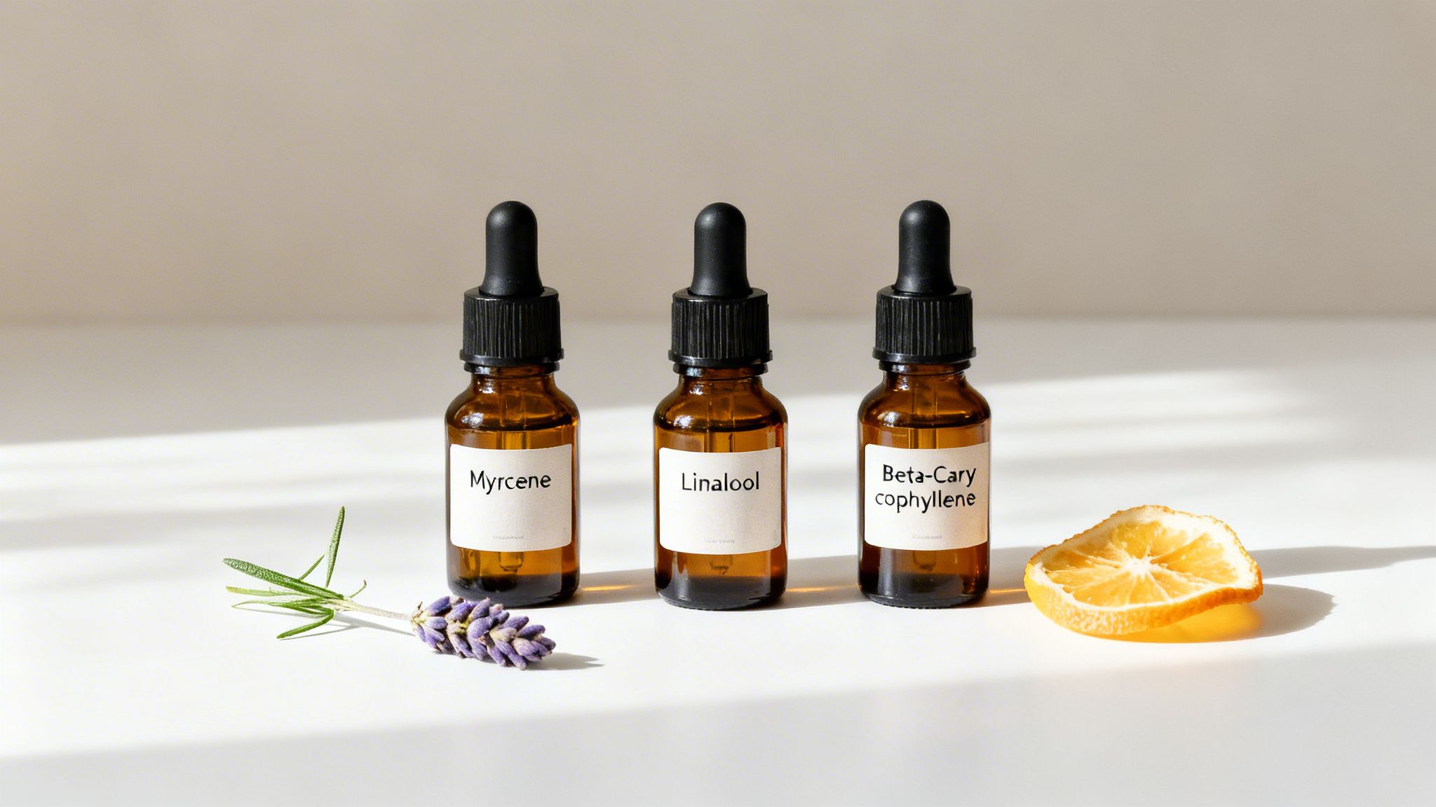 Three amber bottles of Myrcene, Linalool, and Beta-Caryophyllene with lavender, rosemary, and orange slice.