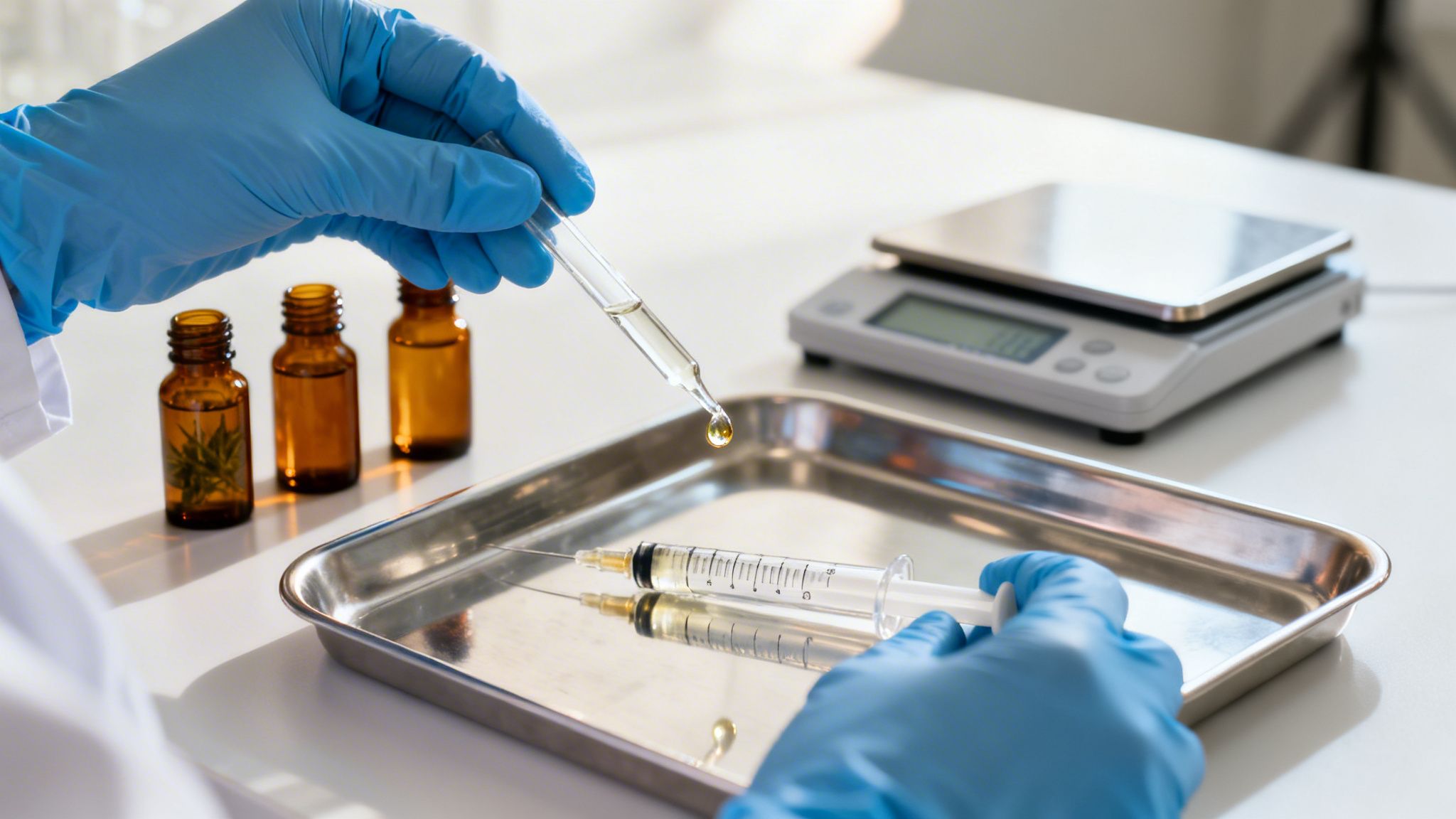 Gloved hands dispensing liquid from a dropper into a syringe with cannabis bottles and a scale.