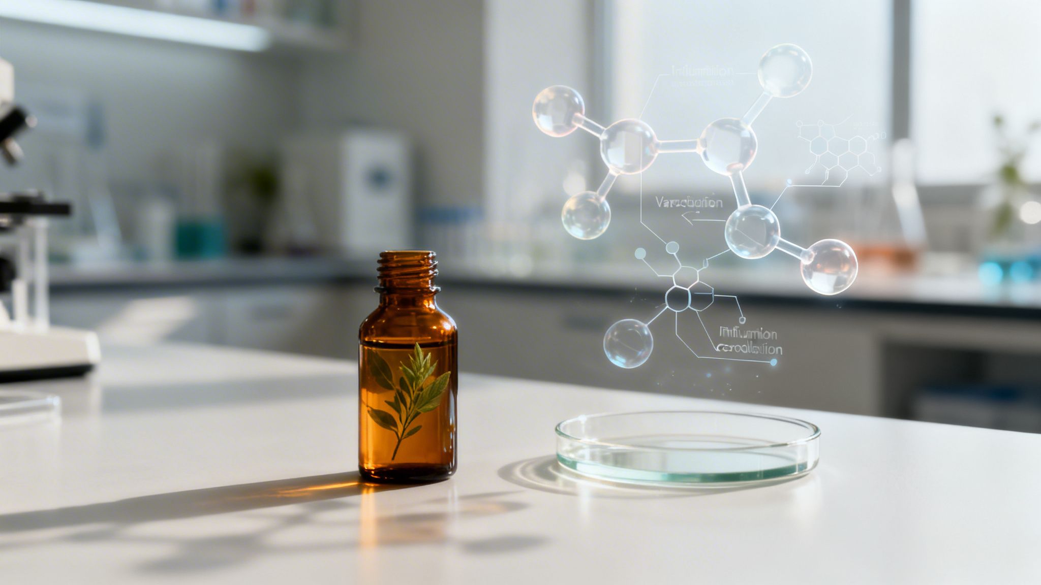 Natural extract bottle with leaves and petri dish in a science lab with molecule holograms.