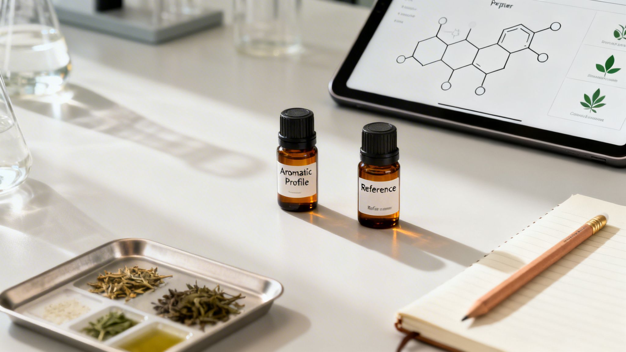 Aromatic profile and reference essential oil bottles on a lab desk with a tablet showing chemical structures and plant samples.