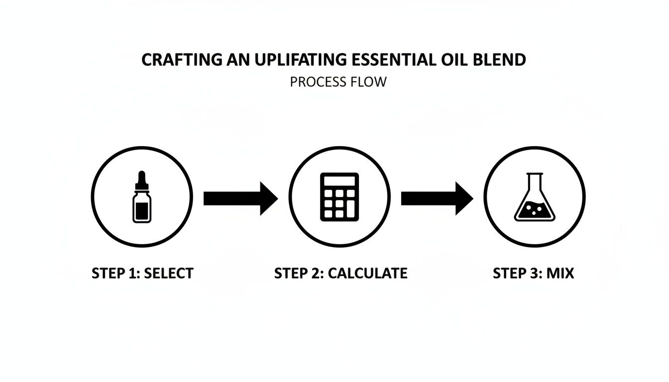Process flow diagram showing three steps to craft an uplifting essential oil blend: Select, Calculate, Mix.