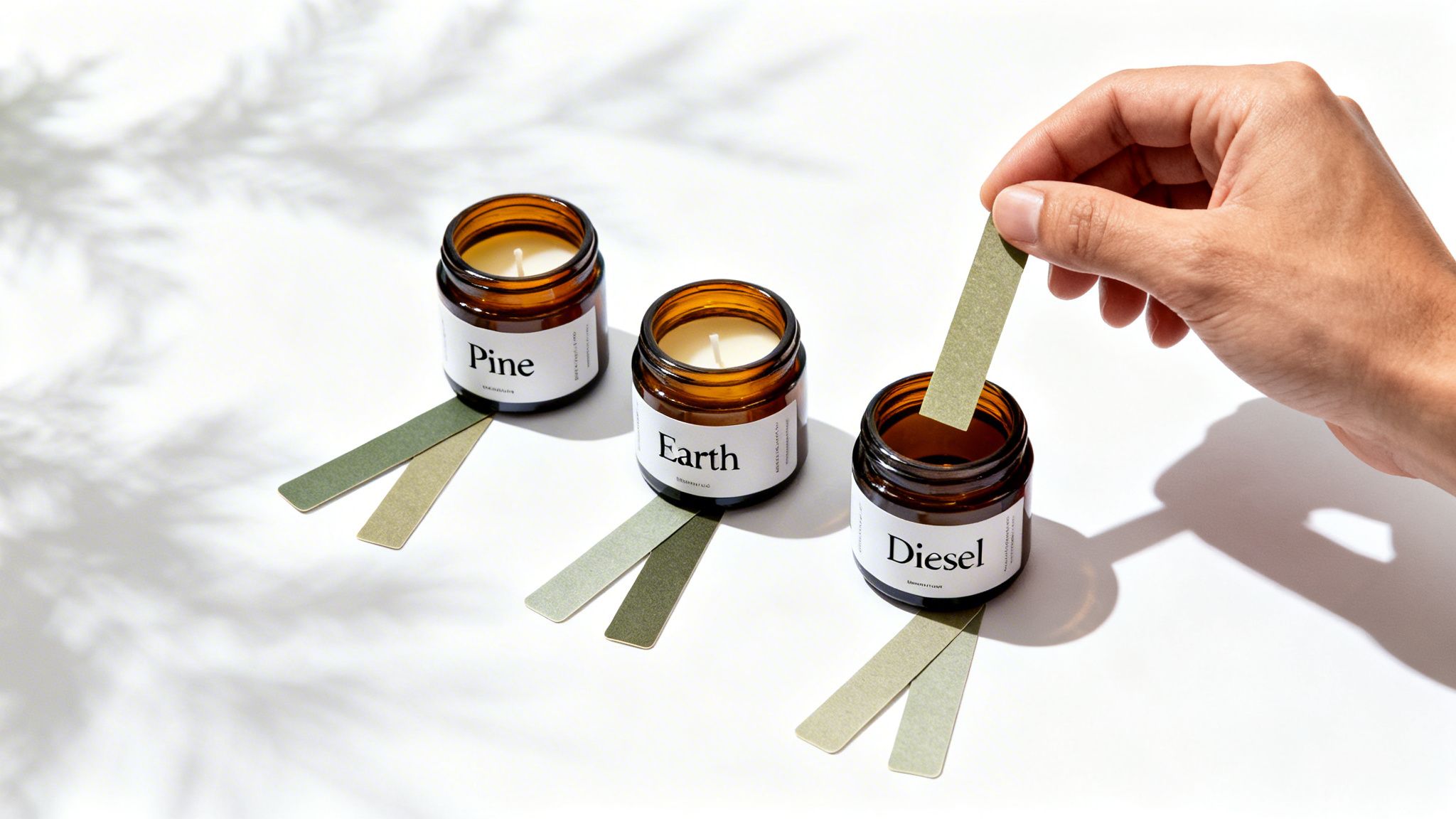 Three amber candles labeled Pine, Earth, and Diesel, with paper strips and a hand placing one into a candle.