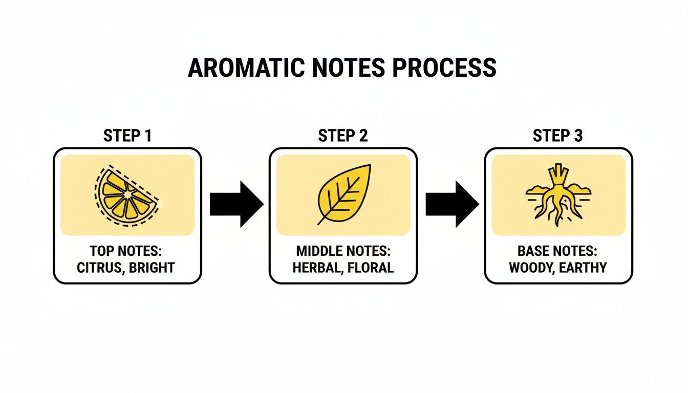 Diagram illustrating the three steps of aromatic notes process: top, middle, and base notes.