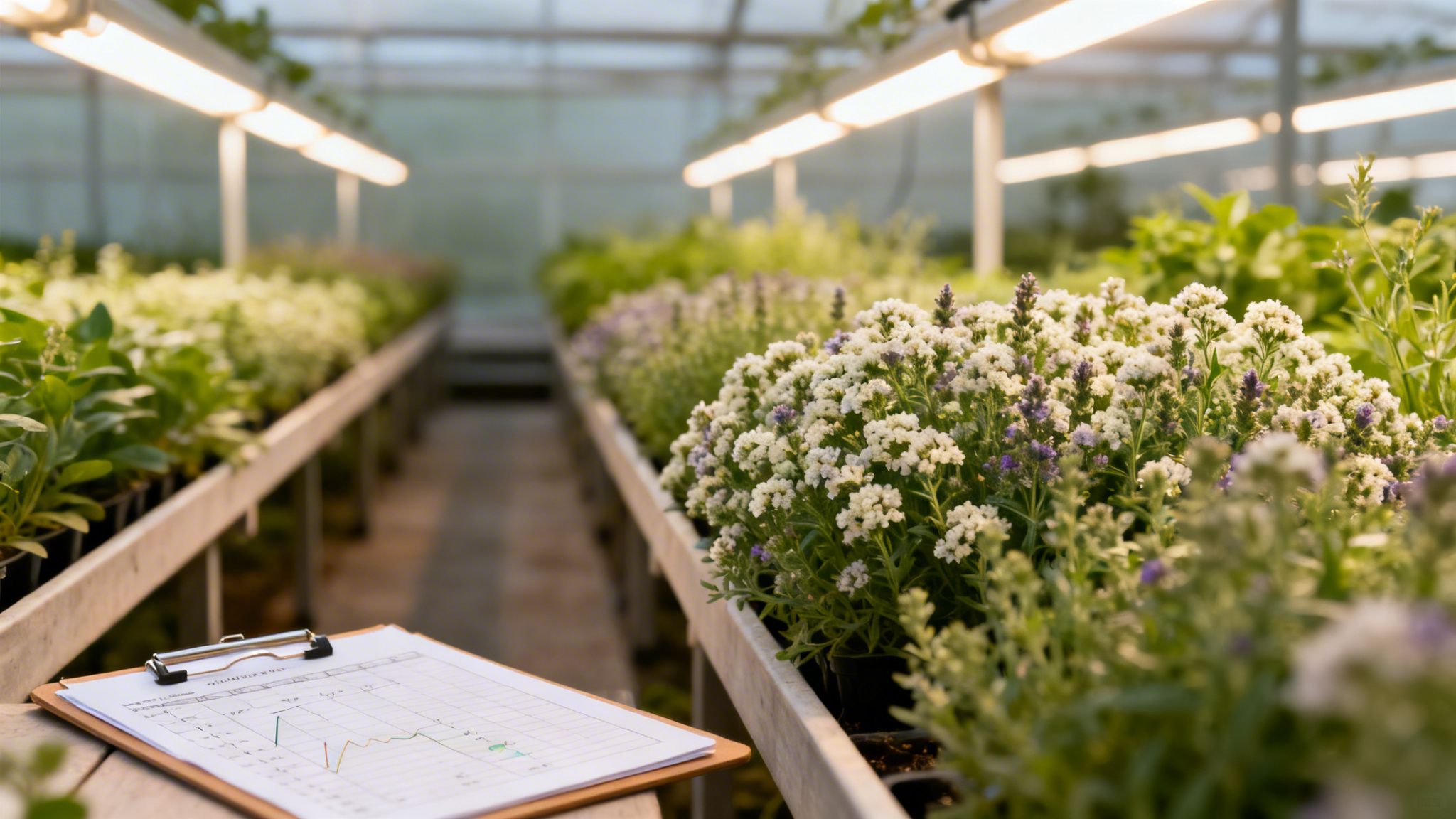 A greenhouse interior with rows of blooming plants under grow lights and a clipboard with charts.